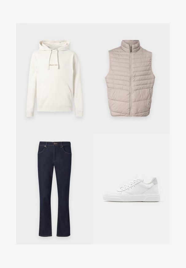 Gilet sans manches beige matelassé avec un col haut et une fermeture éclair sur toute la longueur. Présente des coutures horizontales et une texture de tissu lisse.; Hoodie beige en coton, avec une poche kangourou, un capuchon à cordon de serrage et un texte brodé "Originals" sur la poitrine.; Jean en denim bleu foncé avec jambes droites, fermeture à boutons sur le devant, passants de ceinture et poches avant sur un fond clair uni.; Des baskets en cuir blanc avec une finition lisse, un bout rond, des lacets plats et une semelle texturée. Accents en daim gris au niveau du talon.