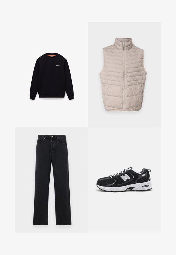 Beige gesteppte ärmellose Weste mit hohem Kragen und durchgehendem Reißverschluss. Verfügt über horizontale Nähte und eine glatte Stoffoberfläche.; Schwarzes Sweatshirt mit Rundhalsausschnitt, langen Ärmeln und kleinem weißen Logo auf der linken Brust vor weißem Hintergrund.; Schwarze Jeans mit geradem Bein und hohem Bund, fünf Taschen und Metallknopfverschluss. Der Stoff hat eine glatte Textur und einen leichten Glanz.; Schwarze und graue Sportschuhe mit Obermaterial aus Mesh und Wildleder, ausgestattet mit einer weißen Zwischensohle, Schnürsenkeln und einem markanten "N"-Logo an der Seite.