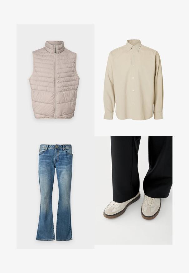 Beige gewatteerde mouwloze vest met hoge kraag en een volledige rits. Kenmerkt zich door horizontale naden en een gladde stofstructuur.; Beige overhemd met lange mouwen, knopen, puntige kraag en knoopmanchetten, afgebeeld tegen een effen witte achtergrond.; Blauwe flared jeans van denim met een vervaagde was. Beschikken over vijf riemlussen, een knoopsluiting en klassieke stiksels.; Voeten met beige sneakers met bruine zolen en zwarte wijde broekspijpen op een witte achtergrond.