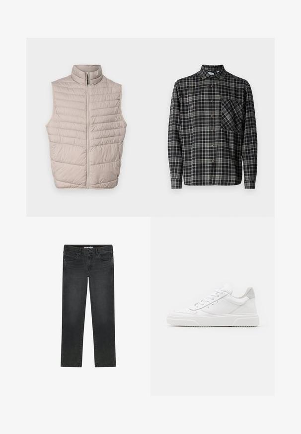 Beige gewatteerde mouwloze vest met hoge kraag en een volledige rits. Kenmerkt zich door horizontale naden en een gladde stofstructuur.; Only & Sons Lumberjack ONSARCHER Lumberjack - Overhemd - black; Zwarte Wrangler jeans met rechte pijpen, voorste knoop, rits, riemlussen en een ontwerp met vijf zakken op witte achtergrond.; Witte leren sneakers met een gladde afwerking, ronde neus, platte veters en een gestructureerde zool. Grijze suède accent bij de hiel.