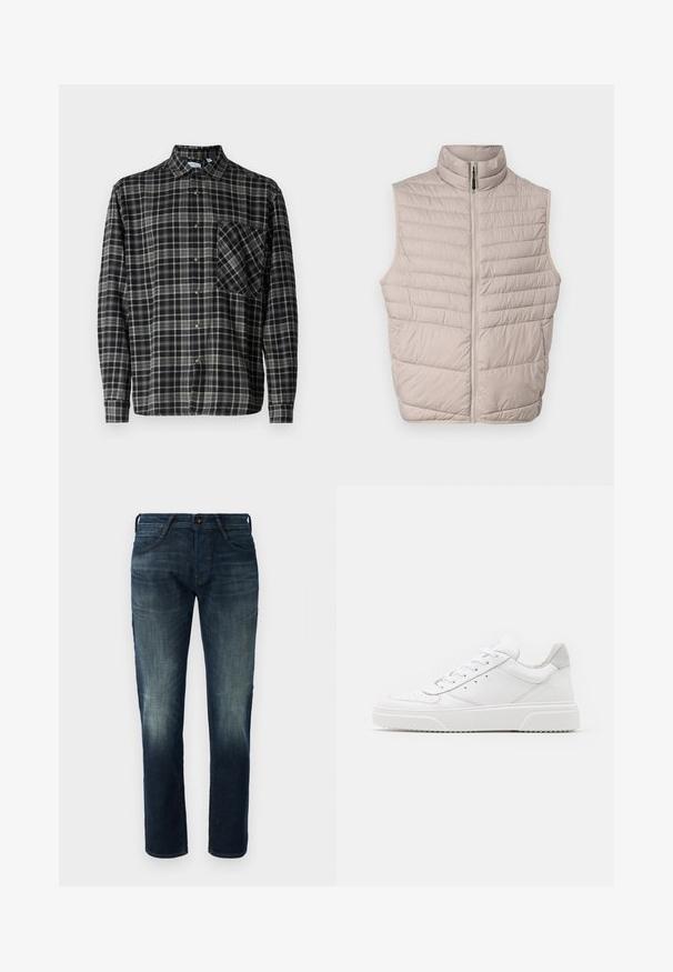 Gilet sans manches beige matelassé avec un col haut et une fermeture éclair sur toute la longueur. Présente des coutures horizontales et une texture de tissu lisse.; Only & Sons Lumberjack ONSARCHER Lumberjack - Chemise - black; Jean en denim droit bleu foncé avec un léger décoloration aux cuisses et aux genoux, fermeture par bouton et zip à l'avant, et style five-pocket.; Des baskets en cuir blanc avec une finition lisse, un bout rond, des lacets plats et une semelle texturée. Accents en daim gris au niveau du talon.