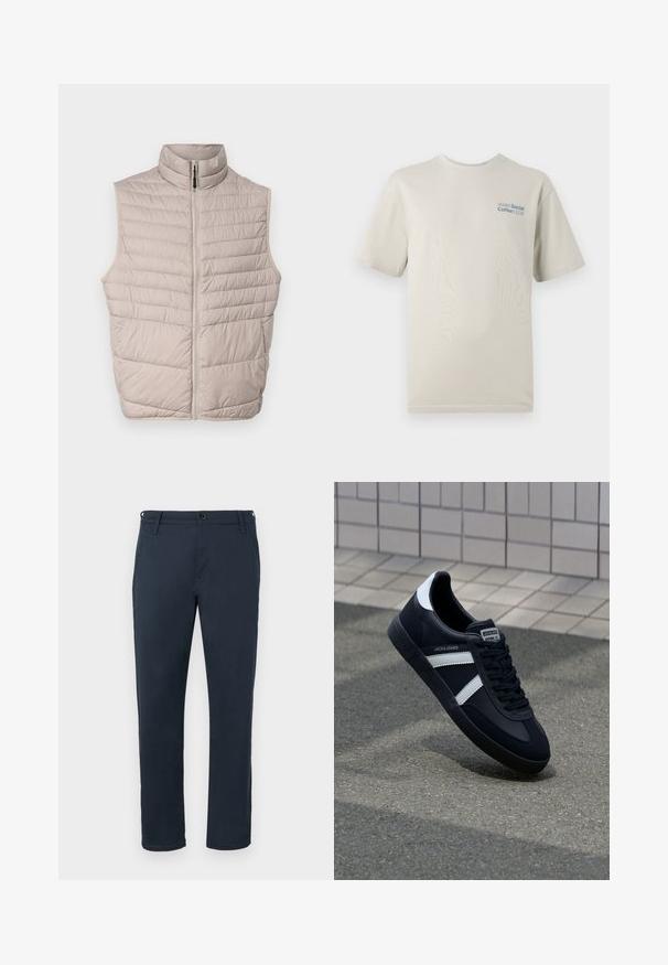Beige gewatteerde mouwloze vest met hoge kraag en een volledige rits. Kenmerkt zich door horizontale naden en een gladde stofstructuur.; Lichtbeige, korteblaasmouwen t-shirt gemaakt van zachte katoen, met een blauwe tekstprint "SOHO Social Coffee CLUB" op de linkerborst.; Marineblauwe katoenen broek met een rechte pasvorm, zijzakken, knoopsluiting en riemlussen. Glad textuur zonder zichtbare patronen.; Zwarte leren sneaker met witte strepen, een gestructureerde rubberen zool en vetersluiting aan de voorkant. Voorzien van een merklabel op de tong.