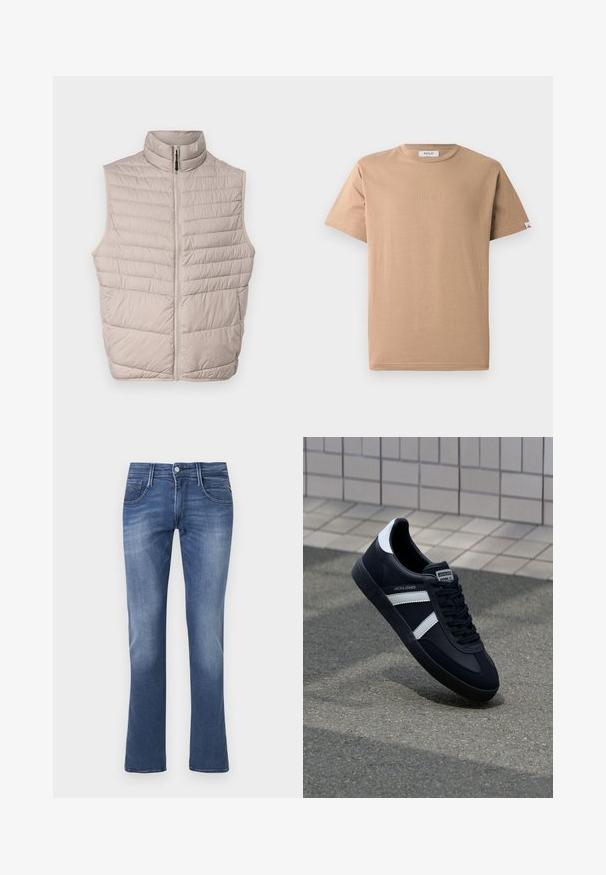Beige gesteppte ärmellose Weste mit hohem Kragen und durchgehendem Reißverschluss. Verfügt über horizontale Nähte und eine glatte Stoffoberfläche.; Beige Baumwoll-T-Shirt mit Rundhalsausschnitt, kurzen Ärmeln und einem dezenten, geprägten "REPLAY"-Logo auf der Vorderseite. Glenzige Textur, lockere Passform.; Blaue Jeans im Slim-Fit-Stil mit Frontknopf, Reißverschluss sowie Vorder- und Hintertaschen auf weißem Hintergrund.; Schwarze Leder-Sneaker mit weißen Streifen, strukturiertem Gummisohle und Schnürung. Verfügt über ein Markenetikett auf der Zunge.