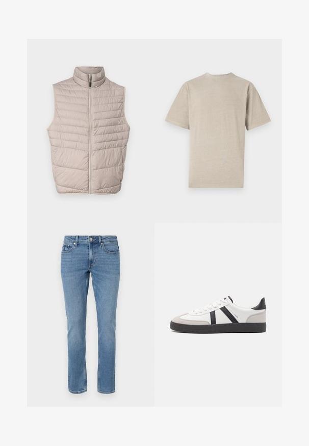 Quilted beige ærmeløs vest med høj krave og fuld lynlås. Har horisontale sømme og en glat stoftekstur.; Kortærmet T-shirt i lys beige med rund hals, lavet af blødt stof, med en glat tekstur og et enkelt design uden grafik.; Blå lige ben denim jeans med for lommer, bæltesløjfer og knaplukning.; Hvide sneakers med sorte og grå detaljer, med en tekstureret grå tåhætte, sort gummisål og flade hvide snørebånd. Rent design, minimalistisk stil.