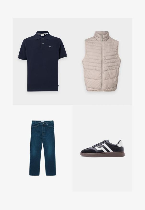 Koltud beež ilma varrukateta vest kõrge kraega ja täispika lukuga. Omab horisontaalseid õmblusi ja sileda kangast tekstuuri.; Tumesinine polo särk, mis on valmistatud puuvillast, klassikalise krae, lühikeste varrukate, kahe nupu ja väikese brodüüri logoga rinnal.; WOOD WOOD WW TYPE 2 DENIM STRAIGHT LEG - Sirgete säärtega teksad - dark ocean; Mustad tossud seemisnahast ja sünteetilisest materjalist, valgete diagonaalsete triipudega ning pruunist tekstuuriga tallaga. Omavad paeltega kinnitust ja polsterdatud kraega.