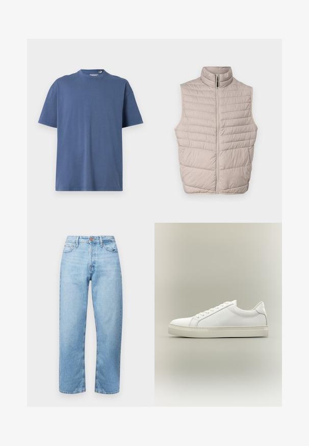 Beige gesteppte ärmellose Weste mit hohem Kragen und durchgehendem Reißverschluss. Verfügt über horizontale Nähte und eine glatte Stoffoberfläche.; Blaues T-Shirt mit kurzen Ärmeln aus weicher Baumwolle, featuring einen Rundhalsausschnitt und einen lässigen Schnitt, mit minimalen Nähedetails.; Hellblaue Jeans aus Denim mit geradem Schnitt, Fünf-Taschen-Design und Knopfverschluss. Glatte Textur und minimale Ausbleichung mit gestickten Akzenten.; Weißer Sneaker mit niedrigem Schaft, vorn mit Schnürung und dicker Sohle, aus der Seitenansicht vor neutralem Hintergrund.