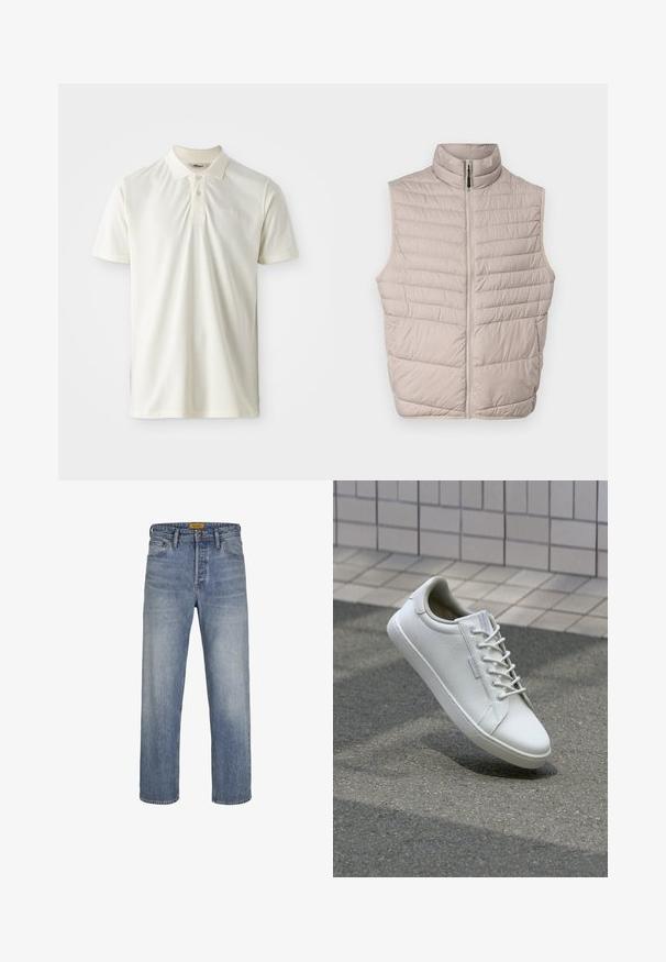 Beige vuorattu ilman hihoja liivi, jossa on korkea kaulus ja täyspitkä vetoketju. Siinä on vaakasaumat ja sileä kangas.; Vaaleanbeige polo-paita, joka on valmistettu pehmeästä kankaasta. Paidassa on kaulus, kolme nappia edessä ja hillitty logo- brodeeraus rinnassa.; Vaaleansinisiä suoria farkkuja, jotka on valmistettu denimistä. Ne ovat kuluneet, niissä on viisi taskua, vyölenkit, sekä vetoketjukiinnitys nappisuljennalla.; Valkoiset lenkkarit, jotka on valmistettu teksturoitusta nahasta, varustettu nauhakiinnityksellä, tukevalla kumipohjalla ja minimalistisella muotoilulla, jossa on vahvistettu varvas.