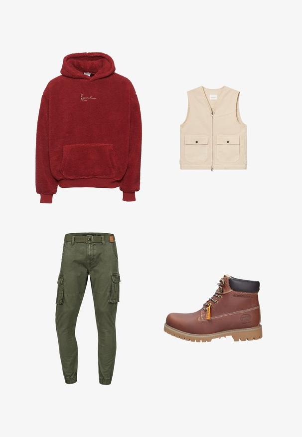 Beige ærmeløs vest med lynlås foran, to store knappelommer med klap i bunden og en brystlomme med slids.; Rød fleece hoodie med en tekstureret overflade, en frontlomme og en hætte med snørebånd. Har et guldbroderet logo på brystet.; Olivengrønne cargobukser med elastiske manchetter, sidelommer med klap, frontlommer, bæltestropper og et sort bælte med knaplukning.; Brune læder ankelstøvle med metalliske øjerne, robust sål og polstret krave. Har et gult mærke og kontrastsyning.