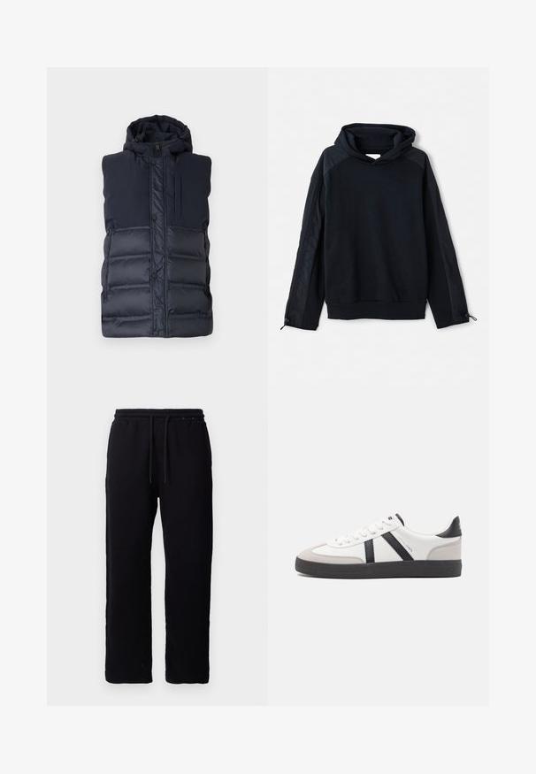 Marineblå polstret vest med hætte, der har en frontlynlås, trykknapper og en lodret lynlåslomme på brystet. Glat tekstur.; Pier One Sweatshirt - black; Sorte sweatpants lavet af bomuld, med elastisk talje og snore, lige ben design, og uden synlige mønstre eller detaljer.; Hvide sneakers med sorte og grå detaljer, med en tekstureret grå tåhætte, sort gummisål og flade hvide snørebånd. Rent design, minimalistisk stil.