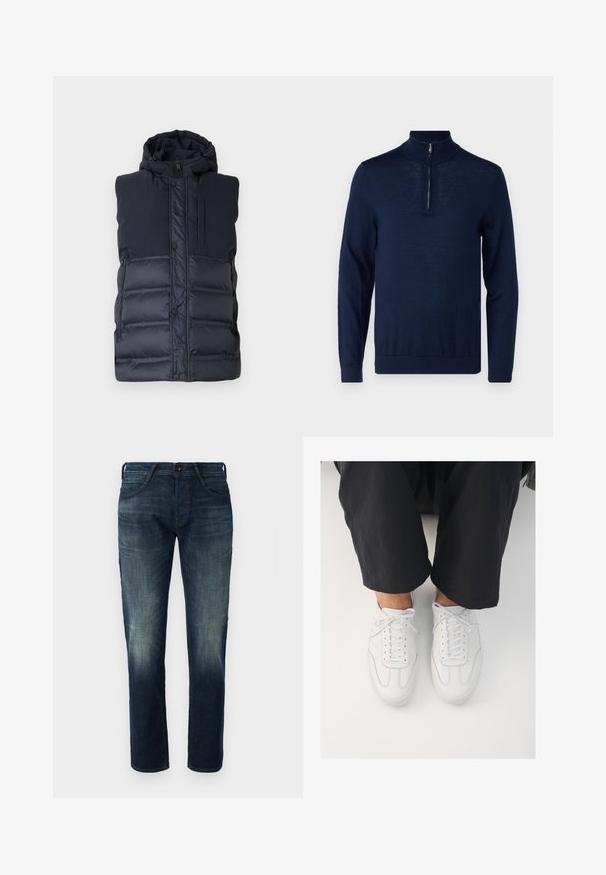 Marineblå polstret vest med hætte, der har en frontlynlås, trykknapper og en lodret lynlåslomme på brystet. Glat tekstur.; Mørkeblå, langærmet pullover med kvart-zip krave. Glat tekstur, tætsiddende design, minimale søm-detaljer og ingen synlige logoer.; Mørkeblå lige ben denim jeans med let fading på lårene og knæene, frontknap og lynlås lukning, samt fem-lomme stil.; Hvide lædersneakers med en glat overflade, rund tå og klassisk snøresystem, placeret over mørke, løse bukser.