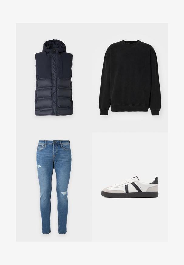Marineblauwe gewatteerde vest met capuchon, voorzien van een vooraanweeg ritssluiting, drukknoopsluiting en een verticale ritszak op de borst. Gladde textuur.; Zwart sweatshirt van zacht materiaal, met een ronde hals, verlaagde schouders en ribgebreide boorden en zoom. Gladde textuur zonder patronen.; Vervaagde blauwe spijkerbroek met een slim fit, voorzien van versleten plekken op de knieën, een knoopsluiting en een ontwerp met vijf zakken.; Witte sneaker met zwarte en grijze accenten, voorzien van een grijze neus met textuur, zwarte rubberen zool en platte witte veters. Schoon ontwerp, minimalistische stijl.