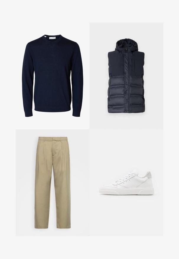 Marineblauwe gewatteerde vest met capuchon, voorzien van een vooraanweeg ritssluiting, drukknoopsluiting en een verticale ritszak op de borst. Gladde textuur.; Navyblauwe trui met lange mouwen en ronde hals, met geribbelde boorden en zoom, gemaakt van fijne gebreide stof.; Beige, hoge taille broek met een rechte snit, voorzien van een platte voorkant, zijzakken en een gladde, gestructureerde stof.; Witte leren sneakers met een gladde afwerking, ronde neus, platte veters en een gestructureerde zool. Grijze suède accent bij de hiel.