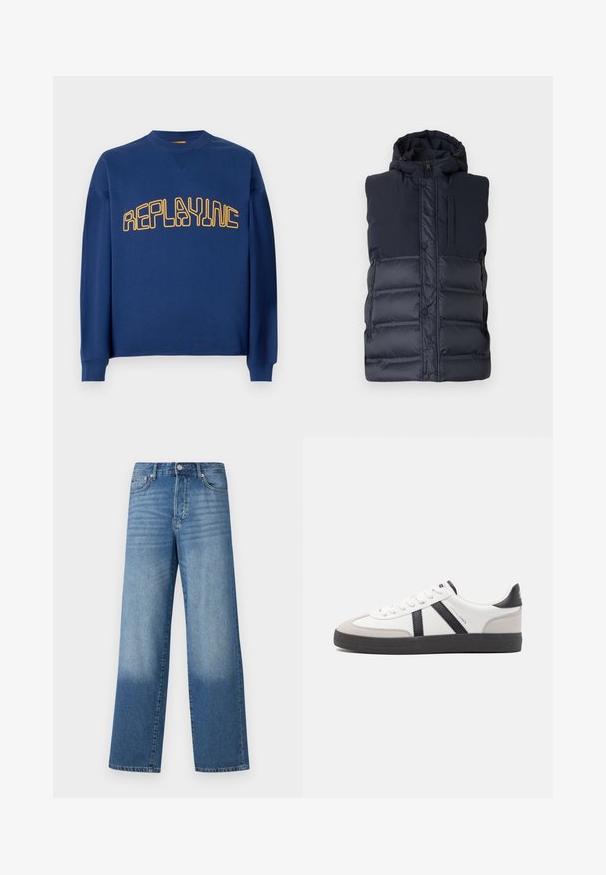 Navyblauer gepolsterter Weste mit Kapuze, featuring einen Frontreißverschluss, Druckknöpfen und einer vertikalen Reißverschlusstasche auf der Brust. Glatte Textur.; Navyblauer Rundhalsausschnitt-Pullover mit langen Ärmeln und gelbem, stilisiertem "REPLAYINC"-Text auf der Brust.; Blaue hochgeschnittene Straight-Leg-Jeans mit Ausbleichungen an den Oberschenkeln und dunklerem Schatten nahe den Säumen, sichtbare vordere Knöpfe und Taschen.; Weiße Sneaker mit schwarz- und grau-aczenten, ausgestattet mit einer strukturierten grauen Zehenkappe, schwarzer Gummi-Sohle und flachen weißen Schnürsenkeln. Sauberes Design, minimalistische Stil.