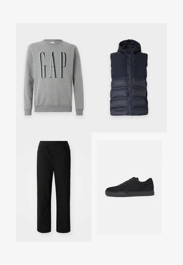 Marineblå polstret vest med hætte, der har en frontlynlås, trykknapper og en lodret lynlåslomme på brystet. Glat tekstur.; Grå sweatshirt med rund hals, ribbede manchetter og kant, med ordet "GAP" i store sorte bogstaver på forsiden. Blød stofstruktur.; Sorte bomuldsbukser med en afslappet pasform, elastisk talje, to frontlommer og lige ben. Glat tekstur uden synlige mønstre.; Sort lavtop sneaker med snørelukning foran og flad gummisål, vist fra siden på en hvid baggrund.