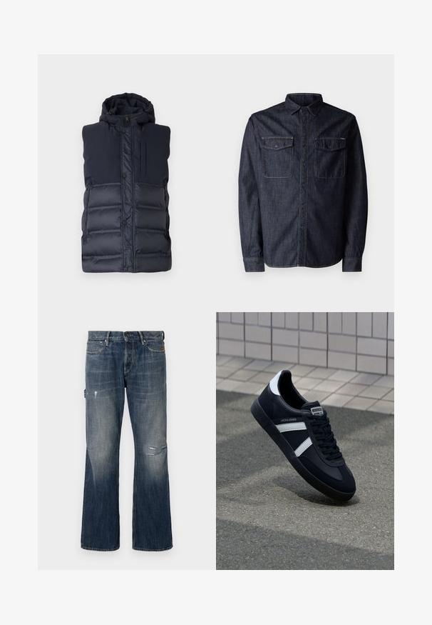 Chaleco acolchado azul marino con capucha, que presenta un cierre frontal con cremallera, botones a presión y un bolsillo vertical con cremallera en el pecho. Textura suave.; Replay Camisa - dark blue; Jeans de mezclilla en azul oscuro con un lavado desgastado. Presenta un corte de pierna ancha, detalles desgastados que incluyen un desgarro, y un diseño estándar de cinco bolsillos.; Zapatilla de cuero negra con rayas blancas, suela de goma texturizada y parte frontal con cordones. Cuenta con una etiqueta de marca en la lengüeta.