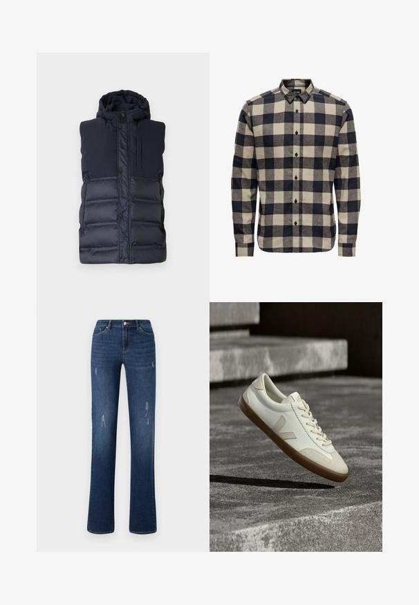 Marineblå polstret vest med hætte, der har en frontlynlås, trykknapper og en lodret lynlåslomme på brystet. Glat tekstur.; Herres flannelskjorte i sort og creme, med et klassisk ternet mønster, knap-for-krave og lange ærmer med knapmanchetter.; ONLY ONLWAUW MID WAIST - Jeans Slim Fit - dark blue denim; Hvide læder sneakers med tanfarvet gummisål, flade snørebånd og V-formet detalje på siden. Har en glat overflade og minimale syninger.
