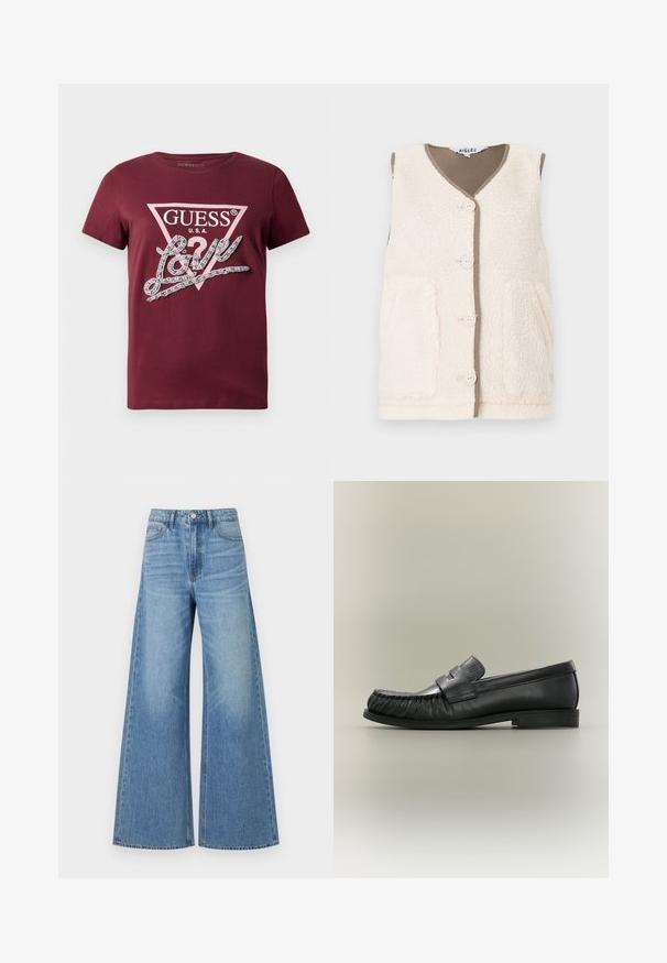 Gilet en polaire couleur crème avec un col en V, quatre boutons et deux poches avant. Accentué d'une doublure marron contrastante. Surface douce et texturée.; T-shirt bordeaux à manches courtes avec un logo en triangle GUESS USA rose pâle et le texte cursif "Love" orné de strass.; Jean large taille haute bleu clair avec fermeture à bouton et fermeture éclair, poches avant, et légère décoloration sur les cuisses.; Mocassin penny en cuir noir avec détail plissé au bout et talon bas empilé, vu de côté sur un fond neutre.