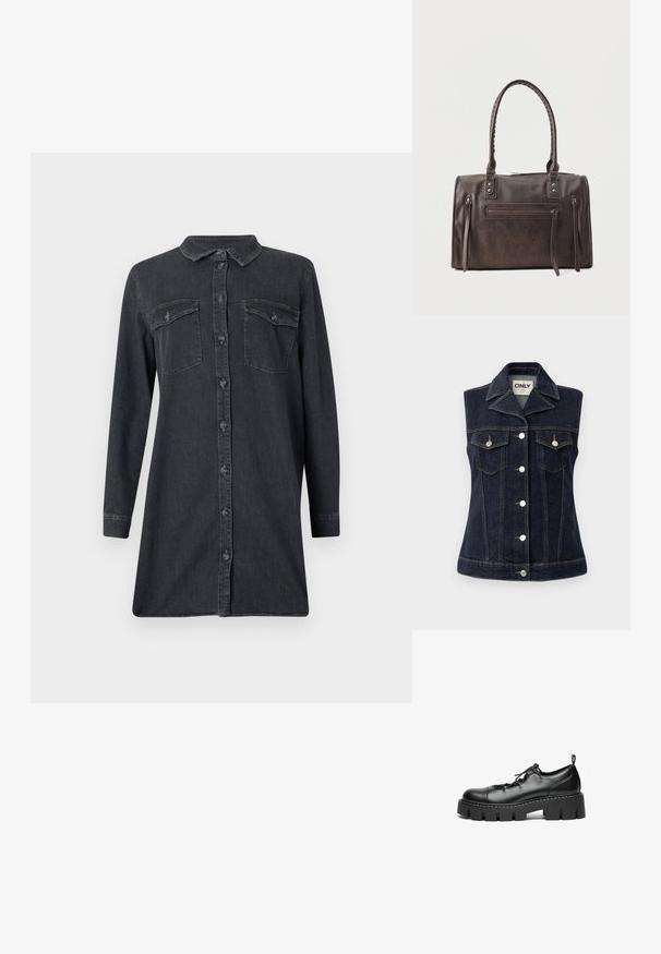 Denimvest in donkerblauw met knopenfront, puntige kraag, twee borstzakken en dubbel gestikte details. Accenten in zilver hardware.; Donkerdenim shirtjurk met lange mouwen, een kraag en twee borstzakken. Voorzien van een knoopsluiting aan de voorkant en een rechte snit.; Zwarte leren veterschoenen met een ronde neus, stevige platformzool en decoratieve stikdetails langs de rand.; Donkerbruine leren handtas met dubbele handvatten, een voorvak met rits en twee verticale zijritsdetails op een witte achtergrond.