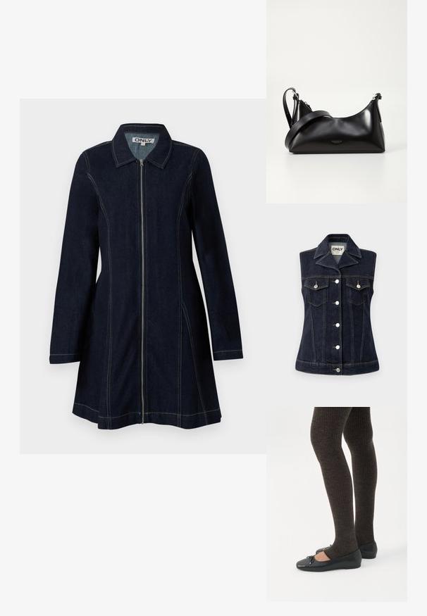 Chaleco de mezclilla en azul oscuro con cierre de botones, cuello puntiagudo, dos bolsillos en el pecho y detalles de doble costura. Acentos de herrajes en plata.; Chaqueta de denim en azul oscuro con cremallera frontal, cuello puntiagudo, mangas largas y pespuntes amarillos en costuras y bordes.; Piernas con leggings oscuros acanalados combinados con bailarinas negras que presentan pequeños detalles de lazo sobre un fondo blanco.; Bolso de mano de cuero negro con una textura suave. Cuenta con una correa ajustable y un diseño elegante y minimalista con cierre de cremallera.