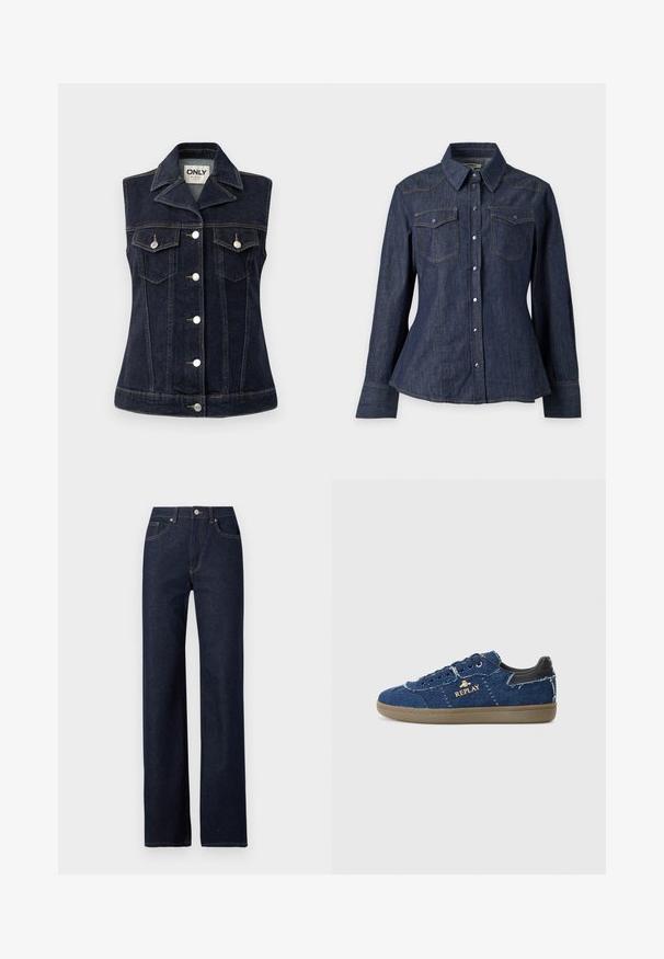 Gilet en jean bleu foncé avec fermeture à boutons, col pointu, deux poches poitrine et détails de double surpiqûre. Accents en métal argenté.; Chemise en denim bleu foncé à boutons, manches longues, poches poitrine à rabat et col pointu sur fond uni.; Jeans en denim bleu foncé avec une coupe droite, style classique à cinq poches, couture visible et fermeture à bouton à l'avant.; Replay PYPER - Baskets basses - blue