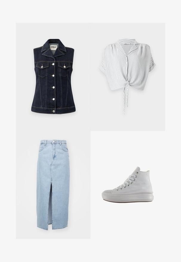 Dunkelblaues Denim-Weste mit Knopfleiste, spitzem Kragen, zwei Brusttaschen und doppelt genähten Details. Silberne Hardware-Akzente.; Grau-weiß gestreiftes, kurzes Oberteil mit Krawattenverschluss, Knopfschluss, kurzen Ärmeln und Kragen, hergestellt aus leichtem Stoff.; Hellblauer Jeansrock mit Schlitz vorne, Gürtelschlaufen und klassischem Fünf-Taschen-Design. Glatte Textur mit einem sauberen Finish.; Weißer High-Top-Canvas-Sneaker mit weißen Schnürsenkeln, metallischen Ösen, dicker Gummisohle und strukturierter Zehenkappe, nach links auf weißem Hintergrund ausgerichtet.