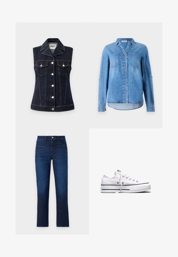Gilet en jean bleu foncé avec fermeture à boutons, col pointu, deux poches poitrine et détails de double surpiqûre. Accents en métal argenté.; Chemise en denim bleu clair avec un devant à boutons, deux poches poitrine et des manches retroussées avec détail à bouton.; Jean bleu foncé en denim, présentant une coupe droite, cinq poches et un bouton en cuivre à la taille. Texture lisse avec un léger délavage.; Baskets basses en toile blanche avec lacets blancs, bandes noires sur la semelle et embout en caoutchouc texturé, vue de côté sur fond blanc.
