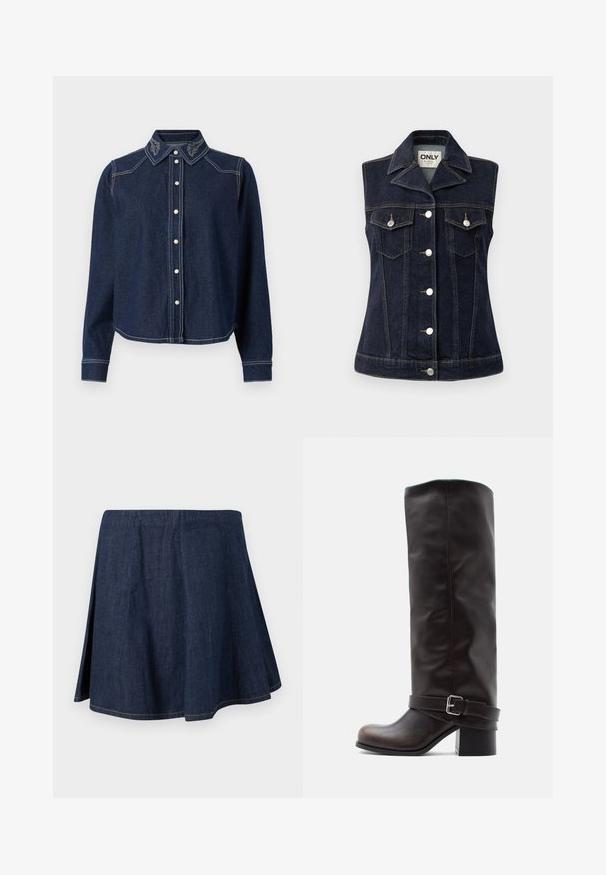 Denim vest i mørkeblå med knaplukning foran, spidse kraver, to brystlommer og dobbelt syninger. Sølv hardware detaljer.; JDY Denim JDYBELLA Denim - Skjortebluser - dark blue denim; Mørkeblå denim A-formet nederdel med sideslids og synlige syninger langs kanten og sømmene, vist på en ensfarvet lys baggrund.; Mørkebrun læderstøvle til knæet med rund tå, lav blokhæle og dekorativ rem med sølvspænde ved anklen.
