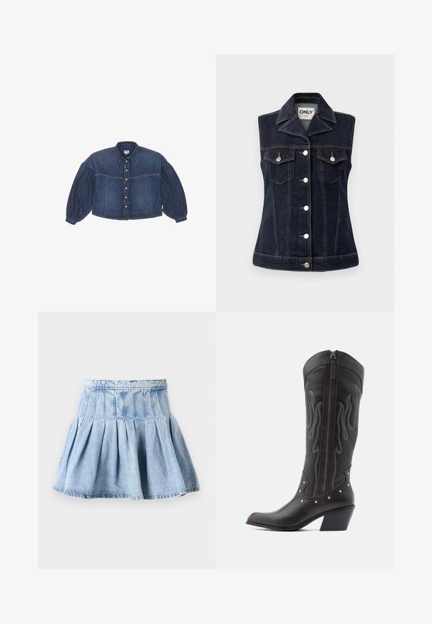 Denim vest i mørkeblå med knaplukning foran, spidse kraver, to brystlommer og dobbelt syninger. Sølv hardware detaljer.; Kraftigt blå cropped denimskjorte med knaplukning foran, spidse kraver og pufærmer. Har horisontale syninger.; Denimnederdel i lyseblå, med et fuldt plisseret design og en talje. Stoffet har en subtil tekstur med synlige sømdetaljer.; Brune læder cowboystøvler med flammebroderi, sidelukning med lynlås, sølvnitter, spids snude og lagdelt hæl.