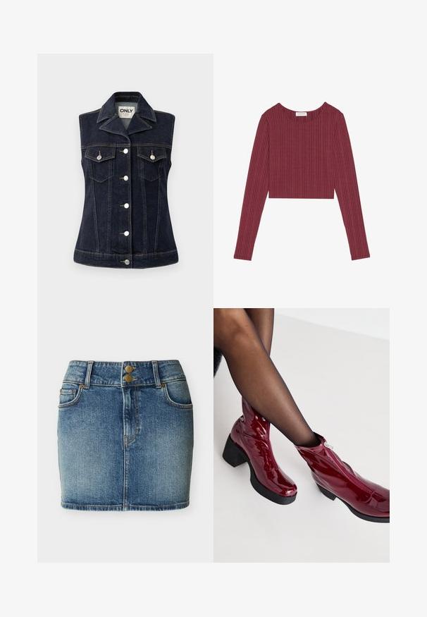Denim vest i mørkeblå med knaplukning foran, spidse kraver, to brystlommer og dobbelt syninger. Sølv hardware detaljer.; Bordeaux langærmet crop top lavet af ribbet stof med rund halsudskæring og teksturerede vertikale linjer, der har en tætsiddende silhuet.; Blå jeans mini nederdel med forlommer, bærestropper og to messingsknapper ved taljen.; Røde ankelstøvler i patenteret læder med en kraftig sort hæl og lynlåsdetalje. Glat tekstur, elegant design med en rund tå.