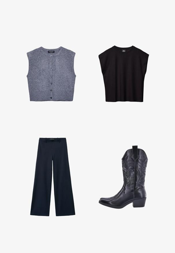 Grå strikket vest med rund halsudskæring, ærmeløs design og frontlukning med knapper. Har en ribbet kant og glat tekstur.; Sort ærmeløs top med brede skuldre og rund halsudskæring, mærket B6 af Ambienteurs, vist på en hvid baggrund.; Mørkeblå vidde bukser med bæltestropper, flad front og let udvidede benender.; Sorte lædercowboystøvler med indviklede præget blomsterdesigns, spids tå og lav blokhælhæl. Har et trækstrop på skaftet.