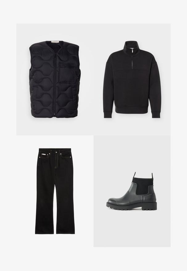Zwart, gewatteerd bodywarmer met een ronde gestikte patroon, een ritssluiting aan de voorkant en een klein zakje aan de linkerkant. Gemaakt van licht gewatteerde stof.; Zwarte pullover met kwart-ritssluiting, lange mouwen, geribbelde manchetten en zoom, en een hoge kraag tegen een effen witte achtergrond.; Zwarte jeans met rechte pijpen, oranje stiksels, vijf zakken, knoopsluiting en een klein Calvin Klein-label op de voorste rechterzak.; Zwarte enkelboots van rubber met een matte afwerking, voorzien van een slank ontwerp, elastische panelen en een chunky zool voor grip.