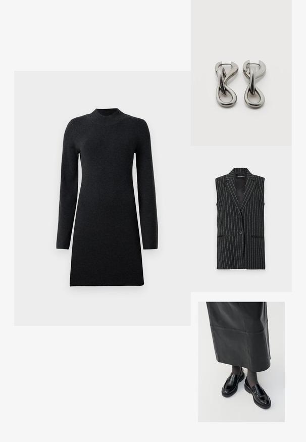 Sort ærmeløs blazer med hvidt nålestribet mønster og to knapper foran, med hakket revers og to forlommer.; Langærmet, mørkegrå strikket kjole med høj hals, lige silhuet og blød tekstur, der tilbyder et minimalistisk design.; Sorte læder loafers med en glat finish, prydet med en dekorativ rem, rund tå og tekstureret sål. Båret med en lang sort læderskirt.; Par af sølvtonede metale øreringe med abstrakt sammenflettet løbedesign på hvid baggrund.
