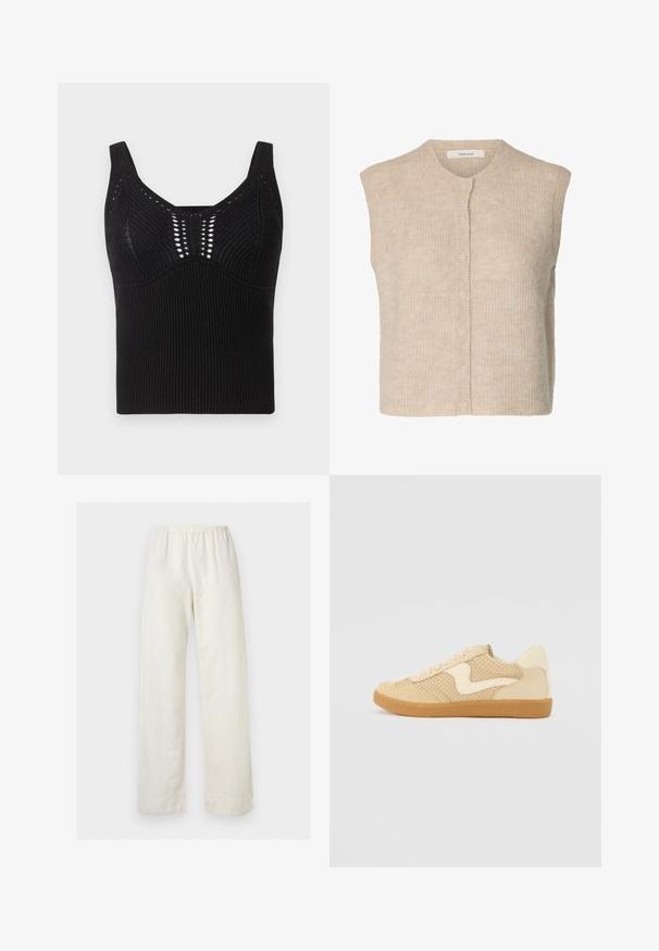 Beige strikket ærmeløs vest med knapper, med ribbet tekstur og rund halsudskæring, mærket med brandet "Selected."; Sort strikket tanktop med ribbet tekstur, brede stropper og rund hals samt dekorative åben vævemønstre foran.; Løse cremefarvede bukser med elastisk talje og lige ben på en ensfarvet lys baggrund.; Beige sneakers med ruskind og mesh-materialer, rund form, fremtrædende polstret krave og en gummikondisko. Har et bølge-design som accent.