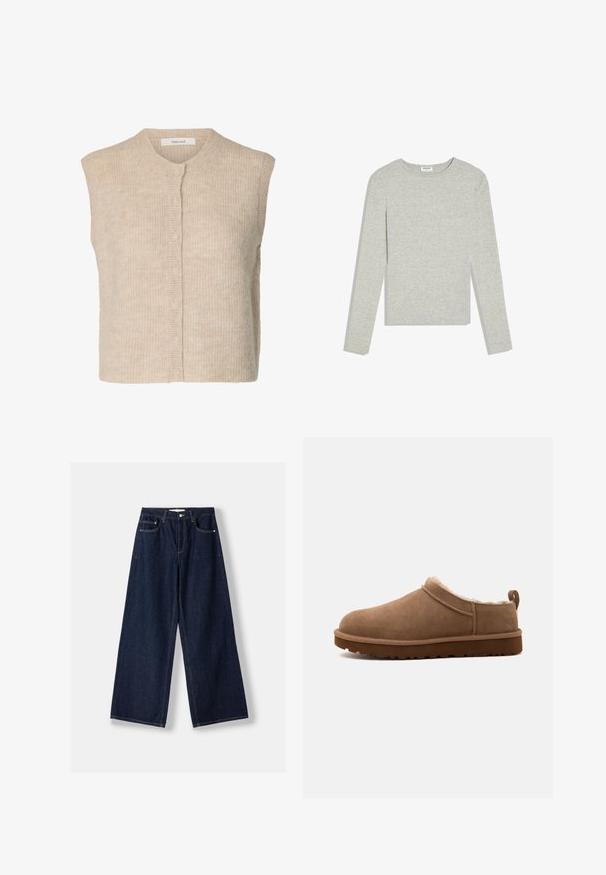 Beige strikket ærmeløs vest med knapper, med ribbet tekstur og rund halsudskæring, mærket med brandet "Selected."; Lysegrå langærmet crewneck-trøje med slim fit og uden synlige mønstre eller logoer, lagt fladt på en hvid baggrund.; Mørkeblå vidde denimjeans med knap- og lynlås foran, forlommer og bæltestropper, lagt fladt på en hvid baggrund.; Brun ruskind slip-on hjemmesko med blødt innerfor og en tyk rilled sål, vist fra siden på en ensfarvet baggrund.