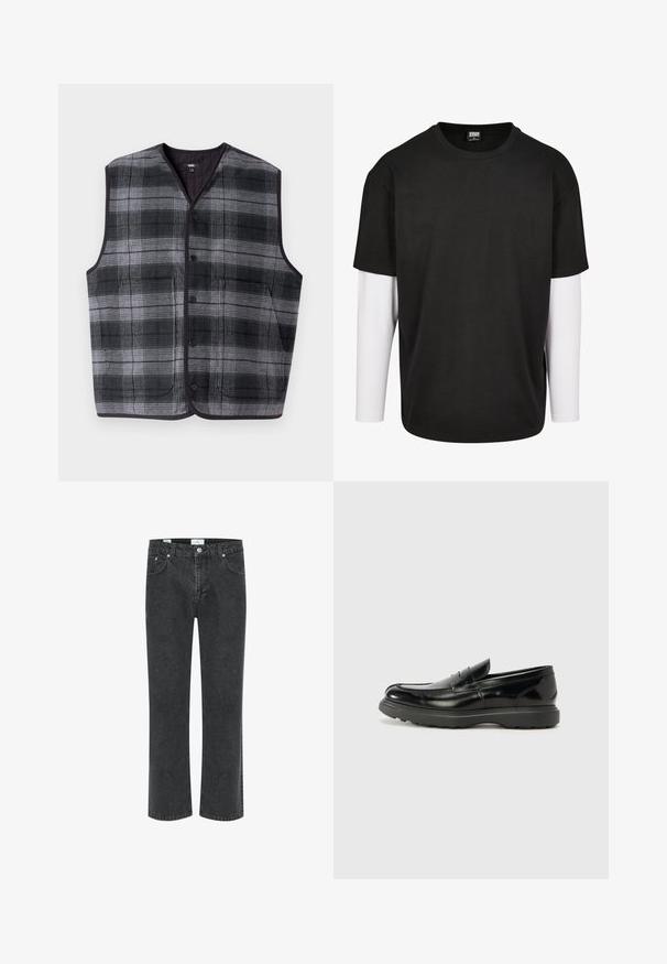 Schwarz-grau kariertes, ärmelloses Weste mit Druckknopfverschluss vorne und zwei Fronttaschen.; Schwarzes T-Shirt mit kurzen Ärmeln, darunter mit einer weißen Langarm-Schicht. Aus Baumwolle gefertigt, mit Rundhalsausschnitt und lockerer Passform.; Schwarze Jeans aus Denim mit geradem Bein, fünf Taschen und kontrastierenden Nähten. Der Stoff hat eine leicht ausgewaschene Textur.; Schwarze Lederloafer mit glanzendem Finish, abgerundetem Zehenbereich, subtilen Steppnähten und einer dicken Gummisohle für Langlebigkeit.
