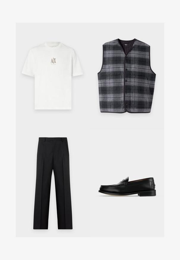 Schwarz-grau kariertes, ärmelloses Weste mit Druckknopfverschluss vorne und zwei Fronttaschen.; Weißes Baumwoll-T-Shirt mit Rundhalsausschnitt. Mit einem kleinen beigen Logo "A|X" und "ARMANI EXCHANGE" darunter. Kurze Ärmel, normale Passform.; Schwarze, maßgeschneiderte Hose mit geradem Bein, vorderen Bügelfalten, Seitentaschen und einem Bund mit Gürtelschlaufen, flach auf weißem Hintergrund liegend dargestellt.; Schwarzer Leder-Herrenschuh (Loafer) mit niedrigem Absatz und Mokassin-artiger Naht am Zehenbereich, seitlich auf einfarbigem Hintergrund dargestellt.