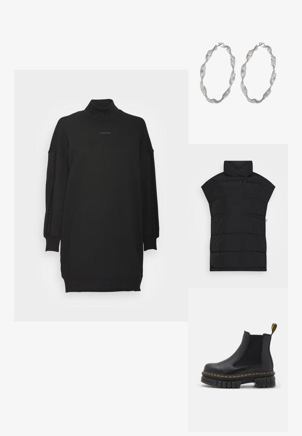 Selected SLFMIA VEST - Chaleco - black; Calvin Klein Jeans LOGO TRIM MOCK NECK DRESS - Vestido informal - black; Botín chelsea negro hecho de cuero y elástico. Cuenta con una suela de goma gruesa, costuras amarillas y una lengüeta en la parte posterior.; Pendientes de aro de plata con un diseño retorcido, que presentan una superficie texturizada y un cierre seguro. Ligeros y reflectantes con un acabado elegante.