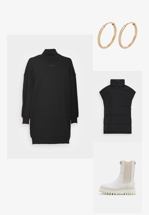 Selected SLFMIA VEST - Chaleco - black; Calvin Klein Jeans LOGO TRIM MOCK NECK DRESS - Vestido informal - black; Bronx GROOV-Y - Botines con plataforma - winter white; Pendientes de aro de oro con un acabado suave y pulido. Forma redondeada, tamaño mediano, con un mecanismo de cierre seguro.