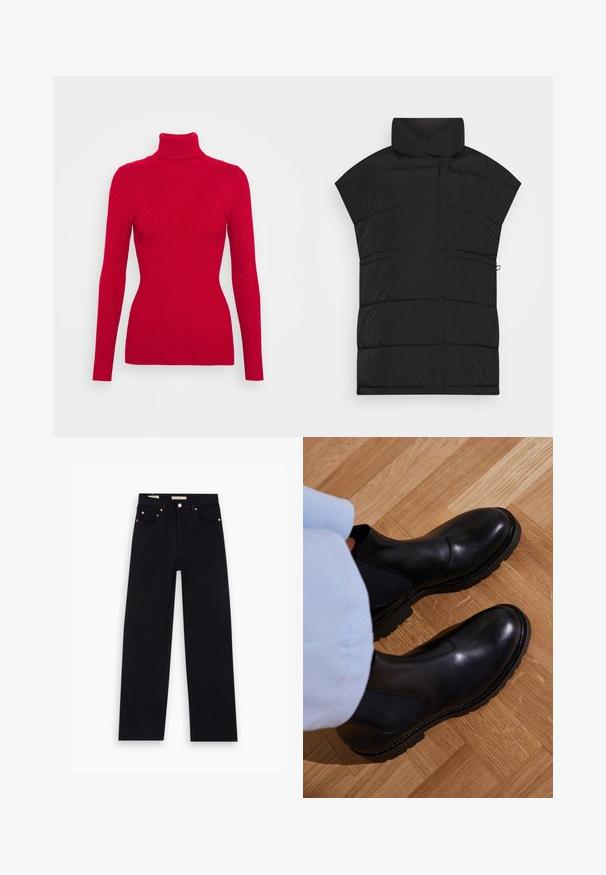 Selected SLFMIA VEST - Vesta - black; Červený rebrovaný rolák s dlhými rukávmi, textúrovaná tkanina, priliehavý strih a vysoký golier. Žiadne viditeľné ozdoby.; Čierne denimy s rovnými nohavicami, piatimi vreckami, medenými doplnkami a hladkou textúrou. Dva štítky viditeľné na páse.; Čierne členkové topánky vyrobené z hladkej kože s elastickými bočnými panelmi, textúrovanou gumovou podrážkou a kontrastným prešívaním po okraji.