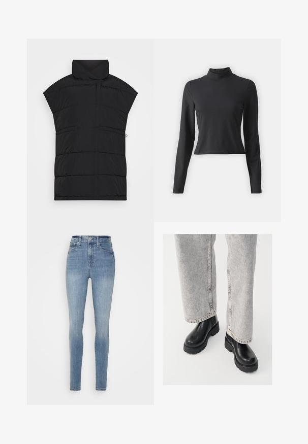 Selected SLFMIA VEST - Weste - black; Schwarzes langärmliges Rollkragenoberteil, aus weichem, dehnbarem Stoff. Figurbetontes Design mit cropped Länge und glatter Textur.; Gap Tall BILLY - Jeans Skinny Fit - light indigo; Vagabond COSMO - Plateaustiefelette - black