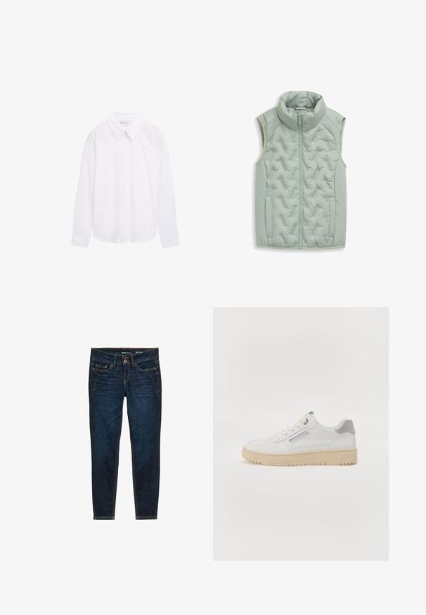 Gilet sans manches bleu clair avec col haut, texture matelassée, fermeture éclair à l'avant et poches latérales, fabriqué à partir d'un matériau synthétique lisse.; Chemise blanche à boutons avec un col, motif à pois texturé et manches longues, en tissu de coton léger.; Jean en denim bleu foncé avec une coupe ajustée, présentant des coutures orange, cinq poches et une fermeture à bouton à la taille.; Baskets blanches pour hommes avec une texture lisse, des accents gris, un bout rond et une semelle en caoutchouc beige. Comprend une étiquette sur le côté et des détails perforés.