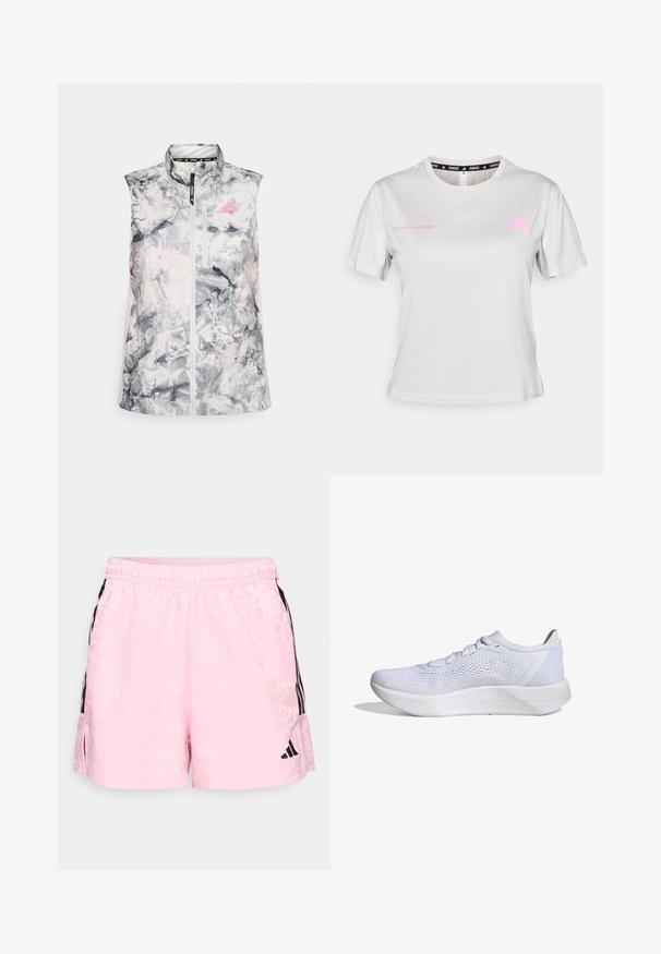 Ärmellose Laufweste in einem grauen und pinken abstrakten Muster, mit einem hohen Kragen, einem Reißverschluss vorne und einer kleinen Brusttasche.; Hellgraues kurzärmliges T-Shirt mit Rundhalsausschnitt, bedruckt mit "ADIDAS RUNNING" in Pink und pinkem Adidas-Logo auf der Brust. Weicher Stoff.; adidas Sportswear TIRO - Kurze Sporthose - true pink/black; Weißer Sportschuh mit atmungsaktivem Mesh-Obermaterial, Schnürdesign, gepolstertem Kragen und einer strukturierten Gummisohle für besseren Halt.