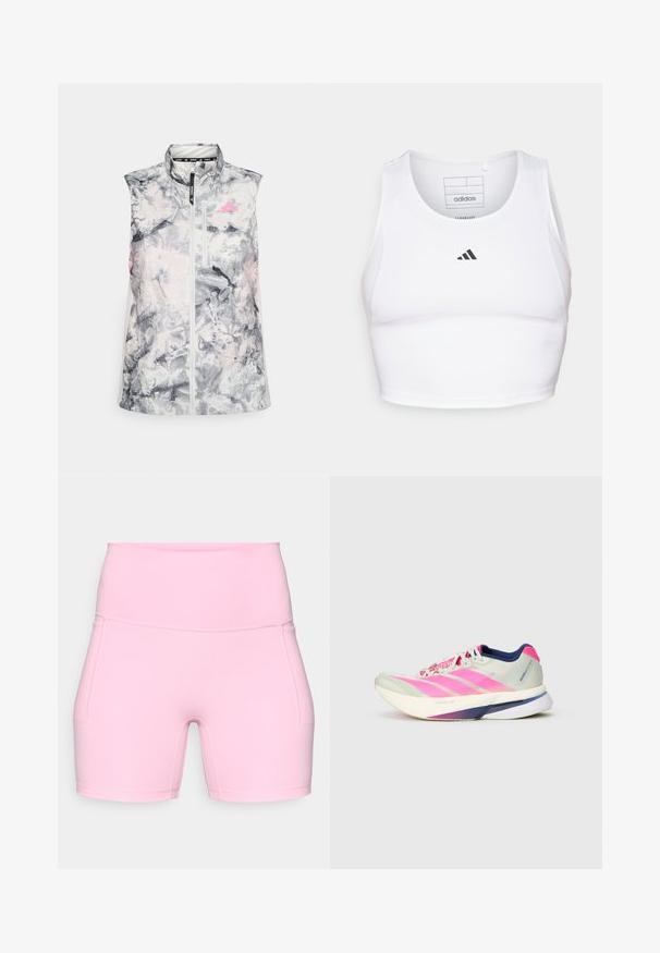 Chaqueta de running sin mangas en un patrón abstracto en gris y rosa, con un cuello alto, cremallera frontal y un pequeño bolsillo en el pecho.; Top corto atlético blanco hecho de una tela ligera y transpirable. Presenta paneles laterales de malla y un logo bordado negro en el pecho.; Shorts de tiro alto en color rosa claro, confeccionados con tela elástica, con dos bolsillos laterales, textura suave y diseño ajustado.; Zapatilla de correr con una parte superior de malla ligera en verde pálido y rayas rosas, acentos morados y una suela blanca gruesa etiquetada "LIGHTSTRIKE PRO".