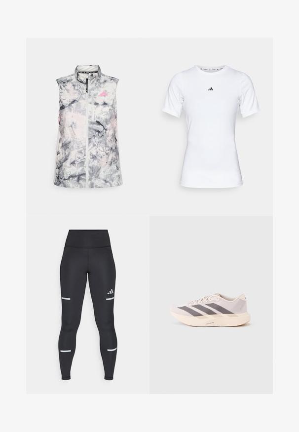 Ærmeløs løbevest i et gråligt og pink abstrakt mønster, med høj krave, en frontlynlås og en lille brystlomme.; Hvid atletisk skjorte med korte ærmer, lavet af glat, strækbart stof. Har et lille sort Adidas-logo på brystet.; Sorte leggings med høj talje, lavet af glat materiale. Har hvide reflekterende striber nær knæene og et Adidas-logo.; Letvægts atletiksneakers i lyserød og grå, med en mesh-overdel, tre mørke striber og en tyk cremefarvet sål mærket "LIGHTSTRIKE PRO."