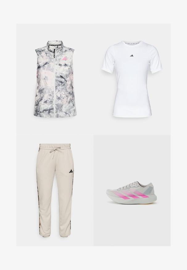 Ärmellose Laufweste in einem grauen und pinken abstrakten Muster, mit einem hohen Kragen, einem Reißverschluss vorne und einer kleinen Brusttasche.; Weißes Sportshirt mit kurzen Ärmeln, aus glattem, dehnbarem Stoff. Mit kleinem schwarzem Adidas-Logo auf der Brust.; Hellbeige Sweatpants aus weichem Stoff, mit einem verstellbaren Bund und schwarzen Seitenpaneelen mit einem Leopardenmuster.; Hellgrauer Laufschuh mit pinken Farbverlaufsstreifen, abgerundeter Zehenpartie, strukturiertem Obermaterial und flacher Sohle mit dezenten Akzenten und Logodetails.