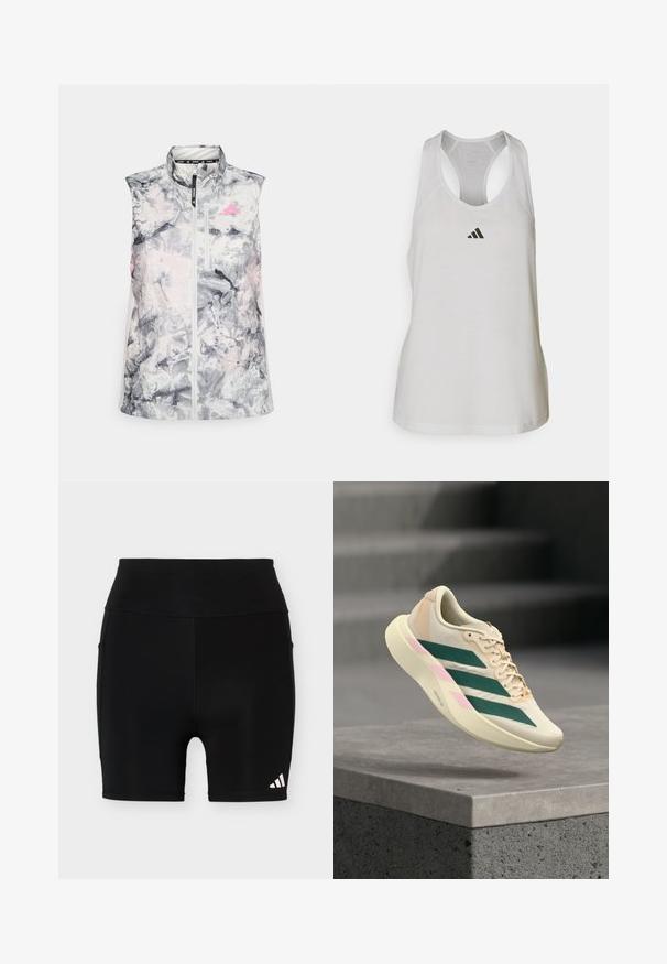 Gilet de course sans manches dans un motif abstrait gris et rose, présentant un col montant, une fermeture éclair à l'avant et une petite poche poitrine.; Débardeur de sport blanc en tissu léger avec un dos nageur et un petit logo noir sur la poitrine.; Short de sport noir taille haute avec un petit logo Adidas blanc sur la partie inférieure gauche de la jambe et des poches latérales sur un fond uni.; Chaussure de sport beige clair avec des bandes vert foncé et des accents roses, flottant au-dessus d'un rebord en béton dans un escalier flou.