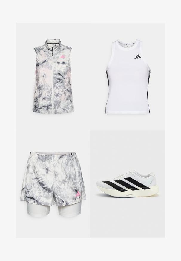 Ærmeløs løbevest i et gråligt og pink abstrakt mønster, med høj krave, en frontlynlås og en lille brystlomme.; Hvid athletic tanktop med sorte sideaccentuer og logo. Har en scoop-neckline og tætsiddende design, lavet af letvægts, åndbart materiale.; Shorts med et gråt og hvidt abstrakt mønster, der har en elastisk talje, indvendig foring og en lyserød logoaccent på siden.; Hvid løbesko med sort tre-stribet design på siden og tyk hvid sål mærket "Lightstrike Pro" på ensfarvet baggrund.