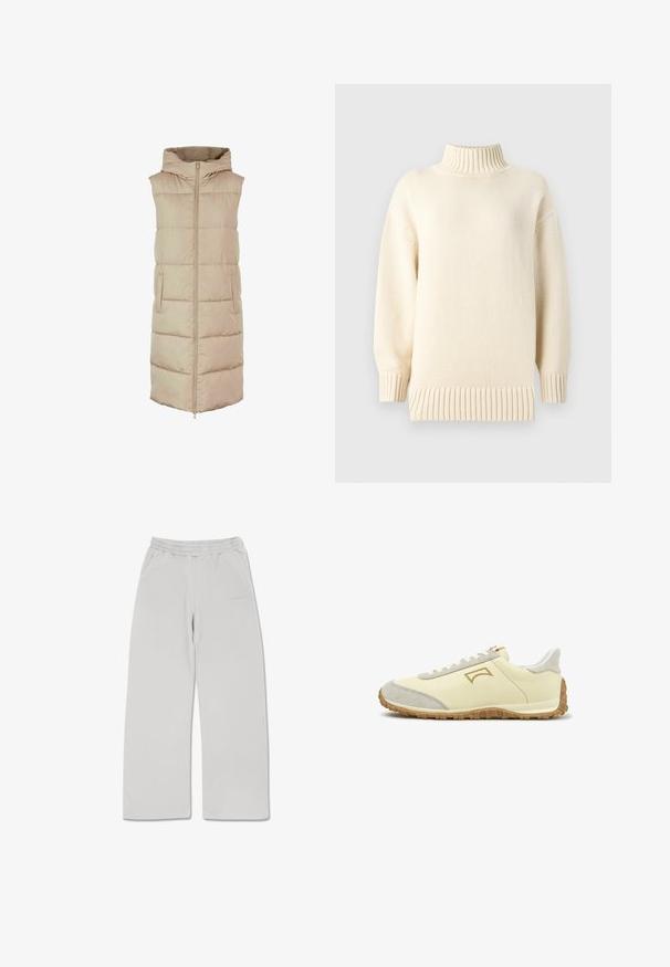 Beige puffer vest med hætte, fuld lynlås, to forlommer og quiltet design. Glat tekstur og afslappet pasform.; Striktrøje i cremefarve med høj, ribstrikket rund hals, faldende skuldre og ribstrikkede manchetter og kant. Blød tekstur og afslappet pasform.; Lysegrå sweatpants lavet af blødt stof, med elastisk talje, to sidelommer og lige snit.; Lavprofileret cremefarvet sneaker med beige ruskind på tå og hæl, sål af gummigummi, snørelukning og syet logo på siden.