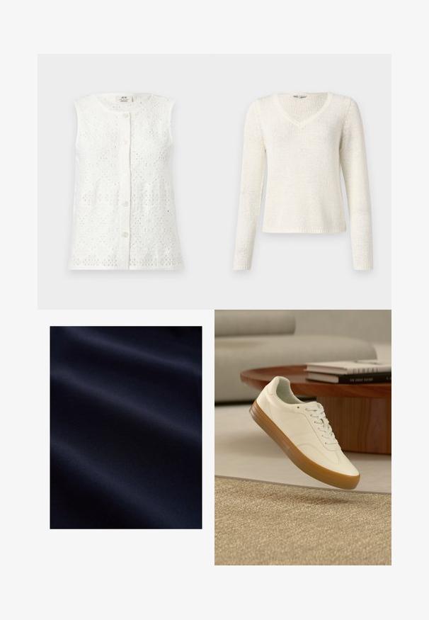 Hvid ærmeløs bluse med knapper foran, blomstret øjentykkelsesblonde mønster og rund halsudskæring.; V-hals, langærmet sweater i off-white strik. Har en afslappet pasform, tekstureret mønster og en simpel kant. Letvægtsstof.; Mørk navyblåt glat stof med bløde folder og subtil tekstur, der antyder et let og fint materiale.; Hvid sneaker med gummisål svæver over beige tæppe i stuen med træbord og stablede bøger i baggrunden.