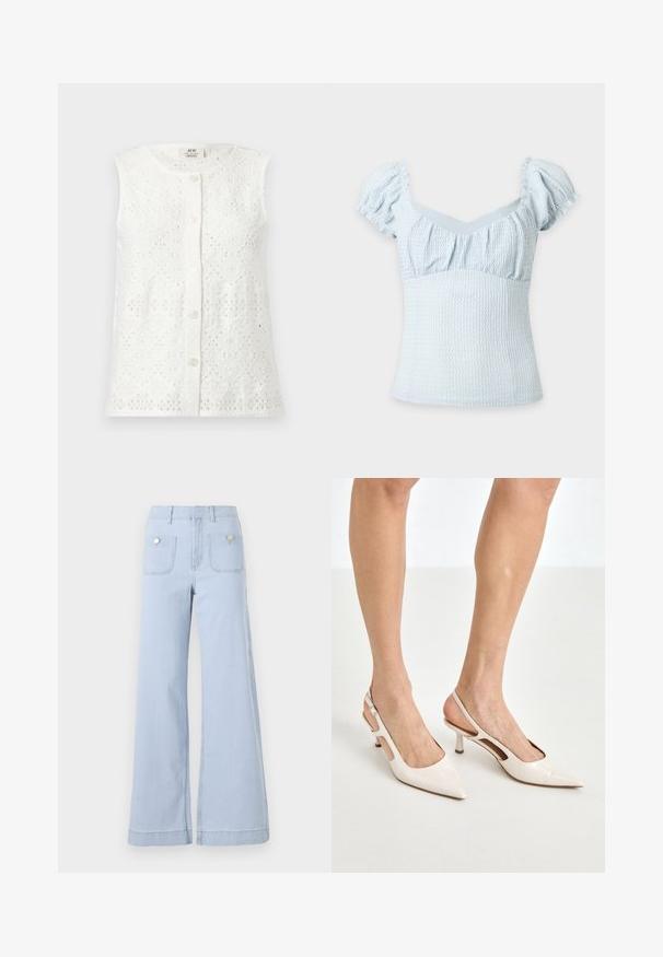 Blusa blanca sin mangas con botones, patrón de encaje de ojales florales y escote redondo.; Top de manga corta texturizado azul claro con mangas abullonadas y un cuerpo ceñido con fruncidos sobre un fondo liso.; Jeans de pierna ancha azul claro, confeccionados en denim, con una cintura alta, grandes bolsillos frontales y detalles metálicos en los bolsillos traseros.; Tacones slingback de charol beige con punta afilada y un tacón de 5 cm, con lados recortados y una delgada correa en el tobillo.